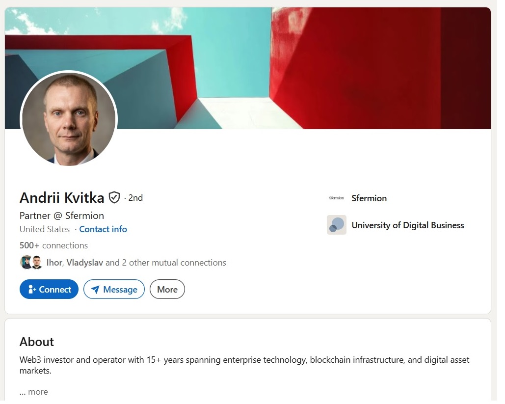 Andrii Kvitka — real NFC-verified LinkedIn account