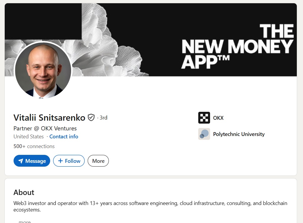 Vitalii Snitsarenko — real NFC-verified LinkedIn account